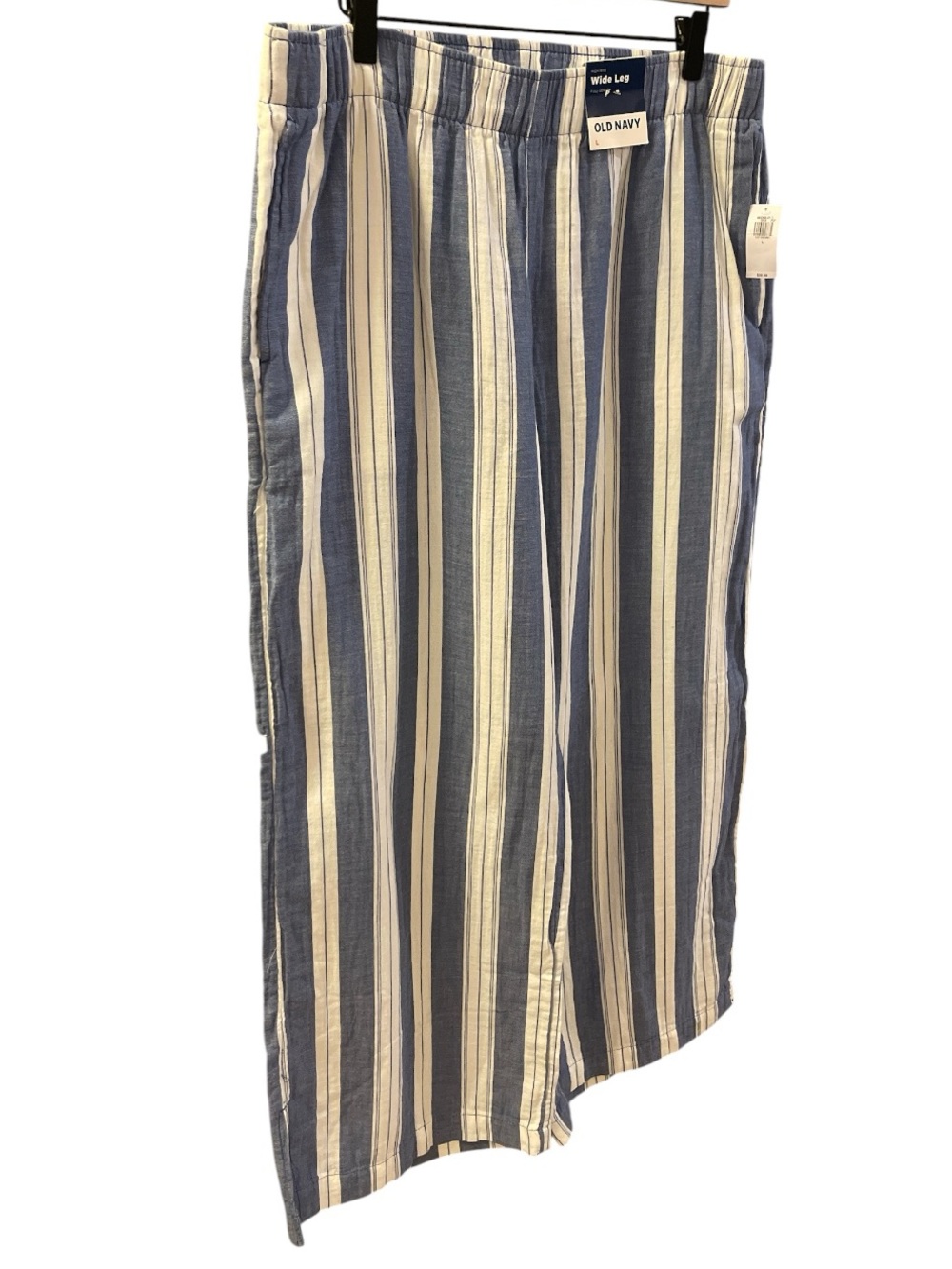 NWT Old Navy High-Waisted Crinkle Gauze Super Wide-Leg Pants Large Blue/White